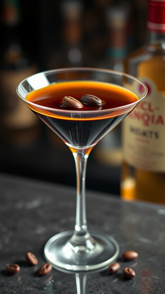 Tequila Espresso Martini in a glass with coffee beans on top, set against a stylish bar background.